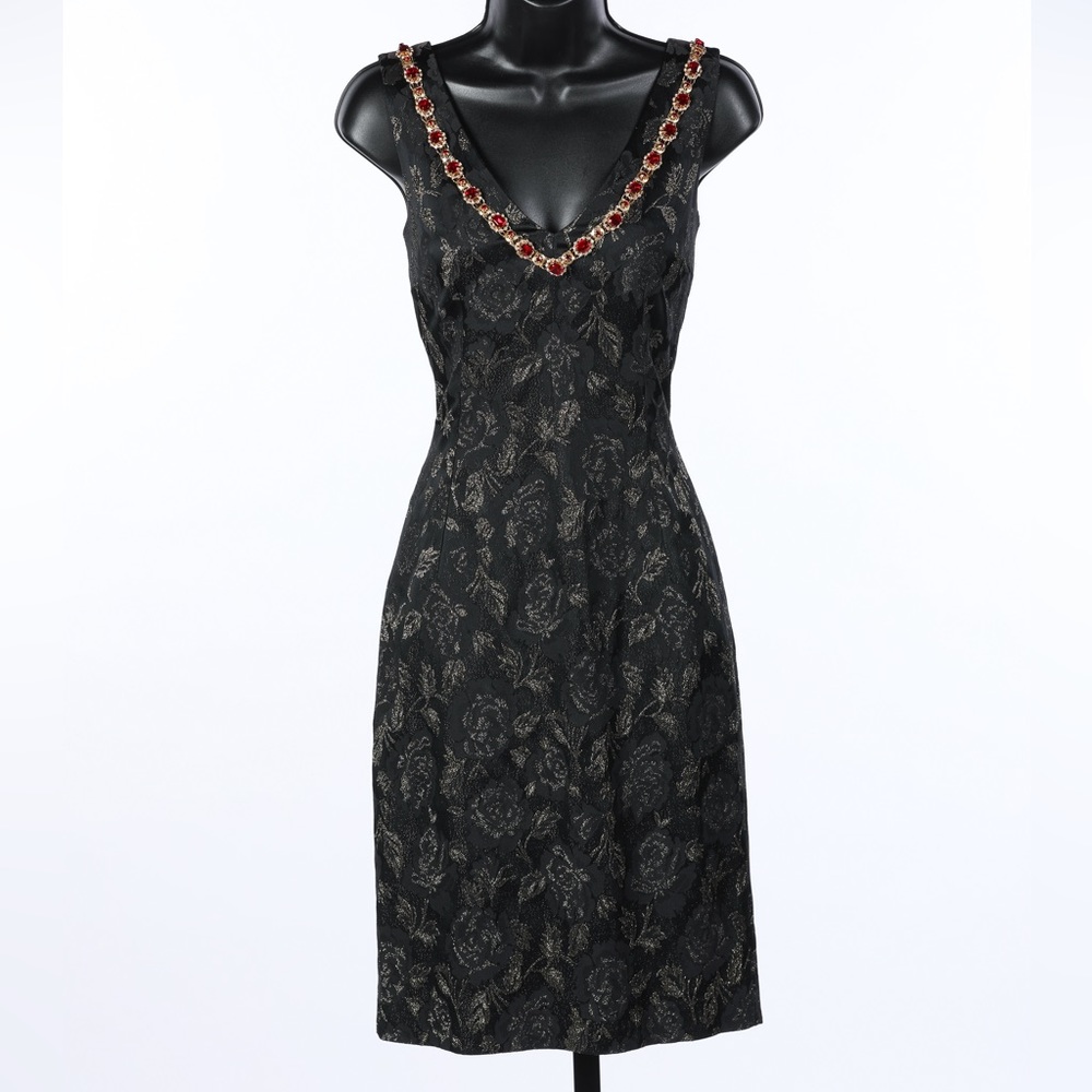 Dolce & Gabbana Sleeveless Mini Dress w Red Jewel Neckline - Black & Gold Floral